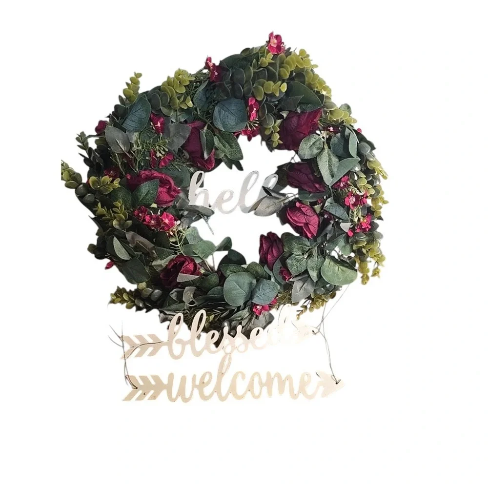 Hello Blessed Welcome Floral Wreath Front Door Decor Artificial Flower Wreath
